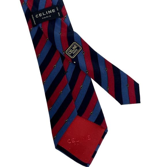 Celine Paris Luxury Designer Necktie Gold Red Blue Striped Logo - Picture 2 of 6